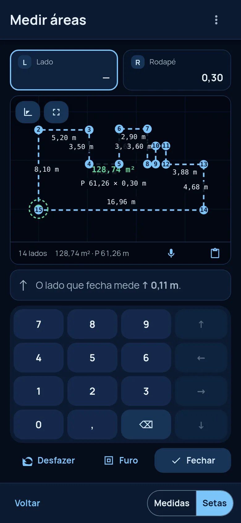 Tela do Fujita Admin: medição de uma obra de demonstração.