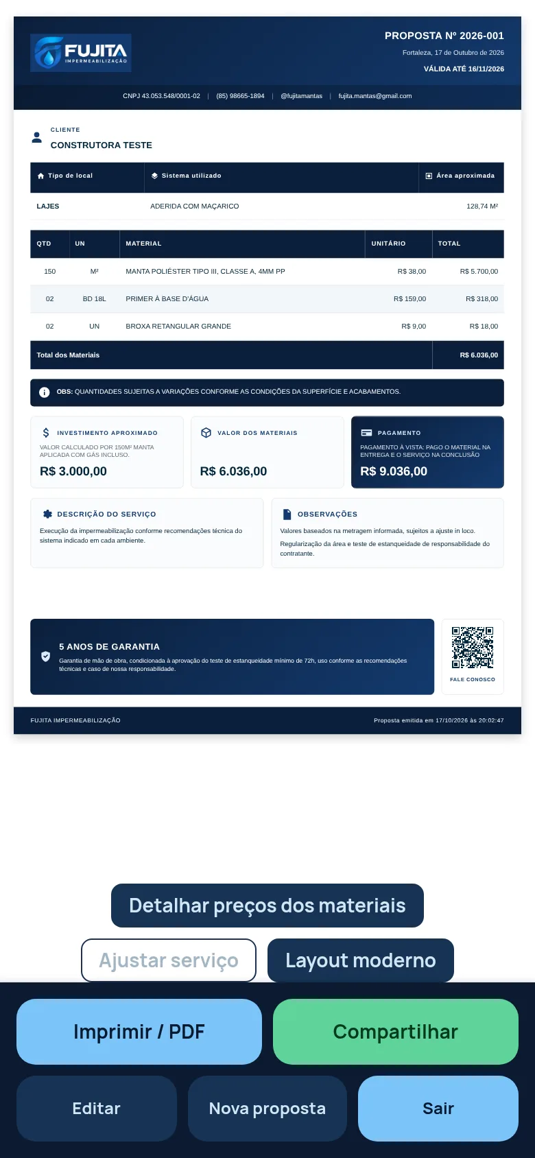 Tela do Fujita Admin: proposta de uma obra de demonstração.