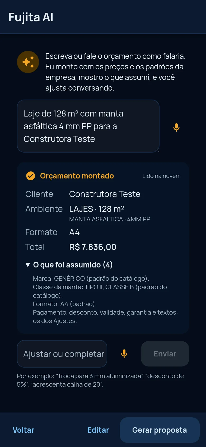 Tela do Fujita Admin: o Fujita AI com o orçamento de uma laje de 128 m² montado a partir de uma frase, com o que foi assumido.
